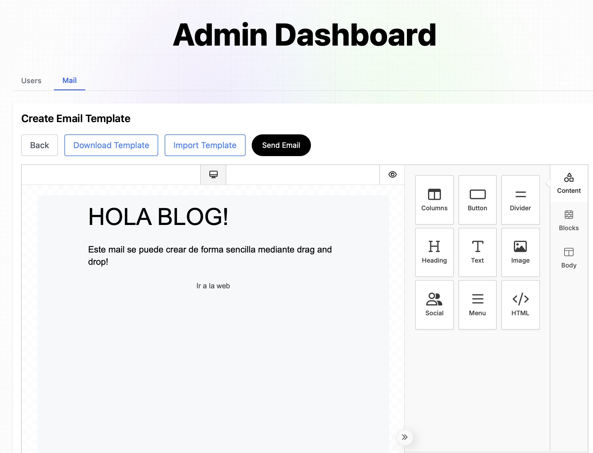 Imagen Panel administración crear plantilla correo